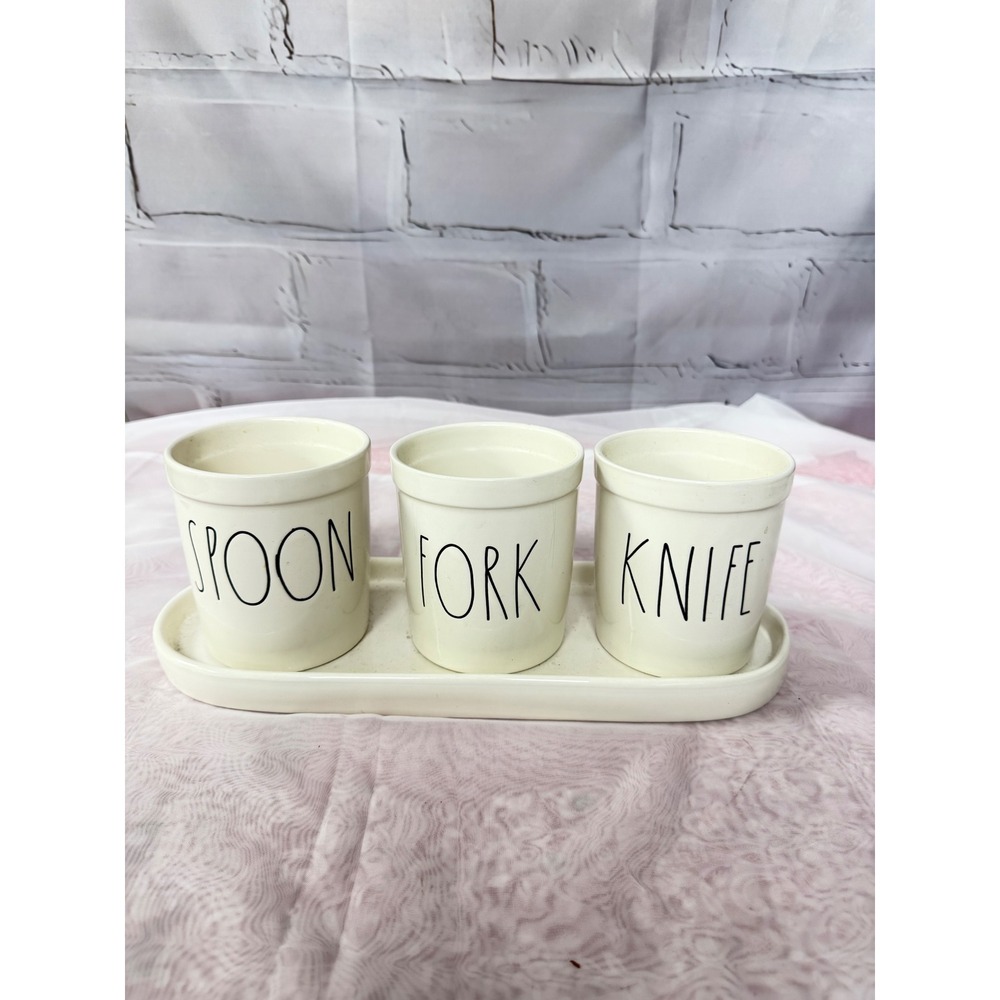 Rae Dunn Spoon Fork Knife Ceramic Flatware Caddy 4 Piece Set Cream White